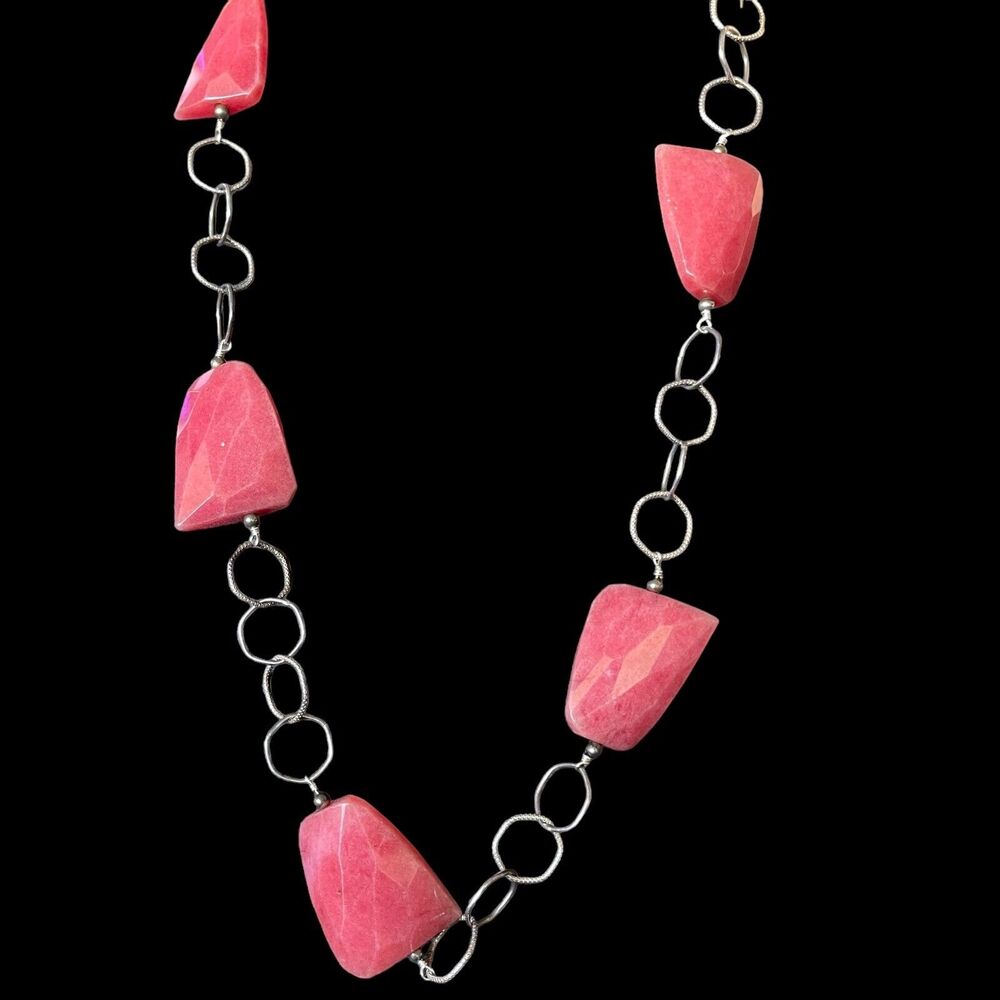 Vintage Sterling Silver Pink Cherry Quartz Glass Station Link Necklace 24"